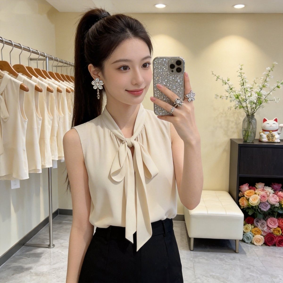 Sleeveless Undershirt - Women's Chiffon Sleeveless Vest Knot Casual